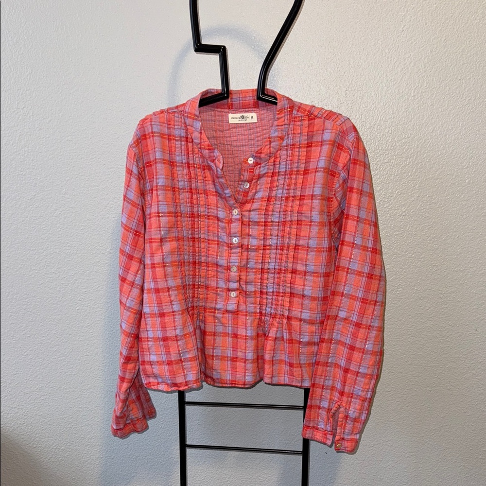 NATURAL LIFE Coral Pink Plaid Button-Front Peasant Blouse